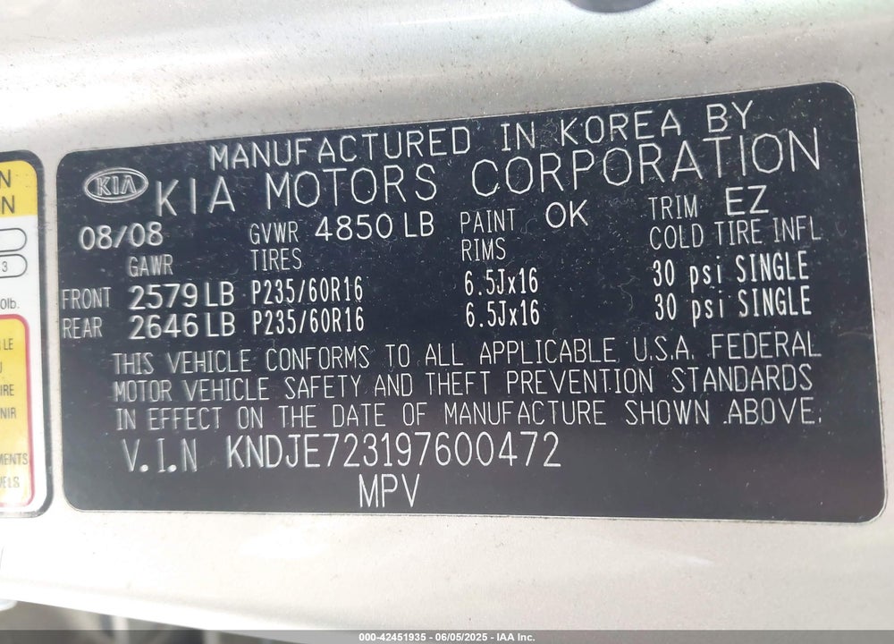 2009 KIA SPORTAGE LX V6 VIN: KNDJE723197600472