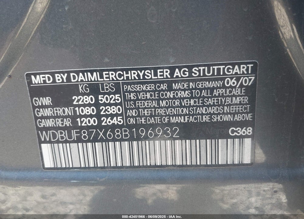 2008 MERCEDES-BENZ E-CLASS VIN: WDBUF87X68B196932
