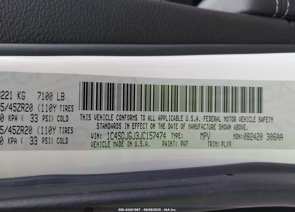 2018 DODGE DURANGO VIN: 1C4SDJGJ3JC157474
