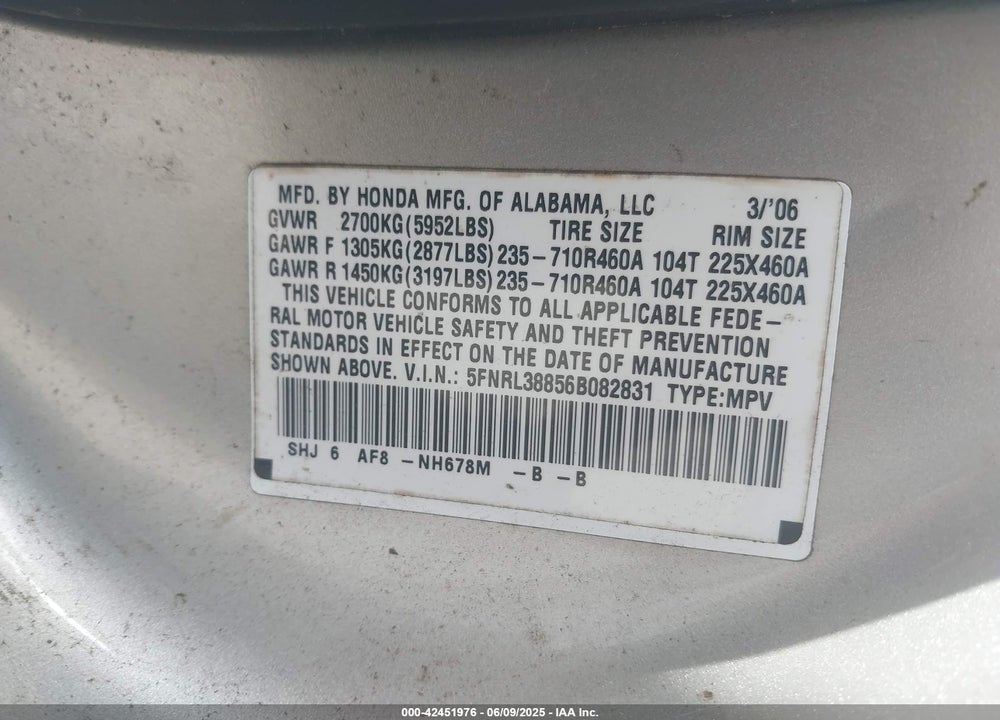 2006 HONDA ODYSSEY TOURING VIN: 5FNRL38856B082831