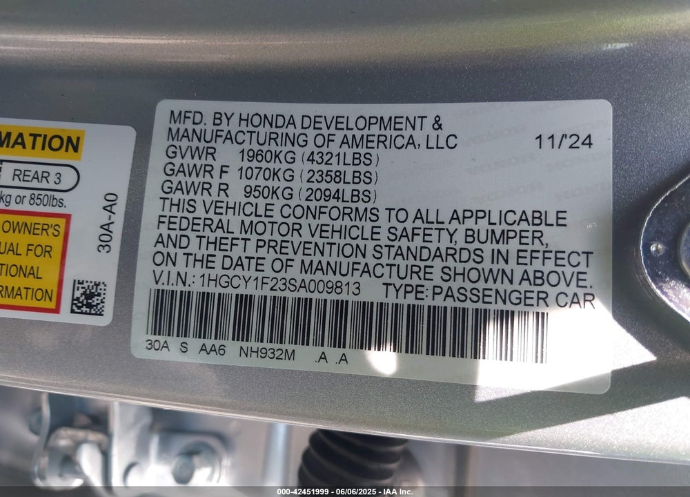 2025 HONDA ACCORD VIN: 1HGCY1F23SA009813