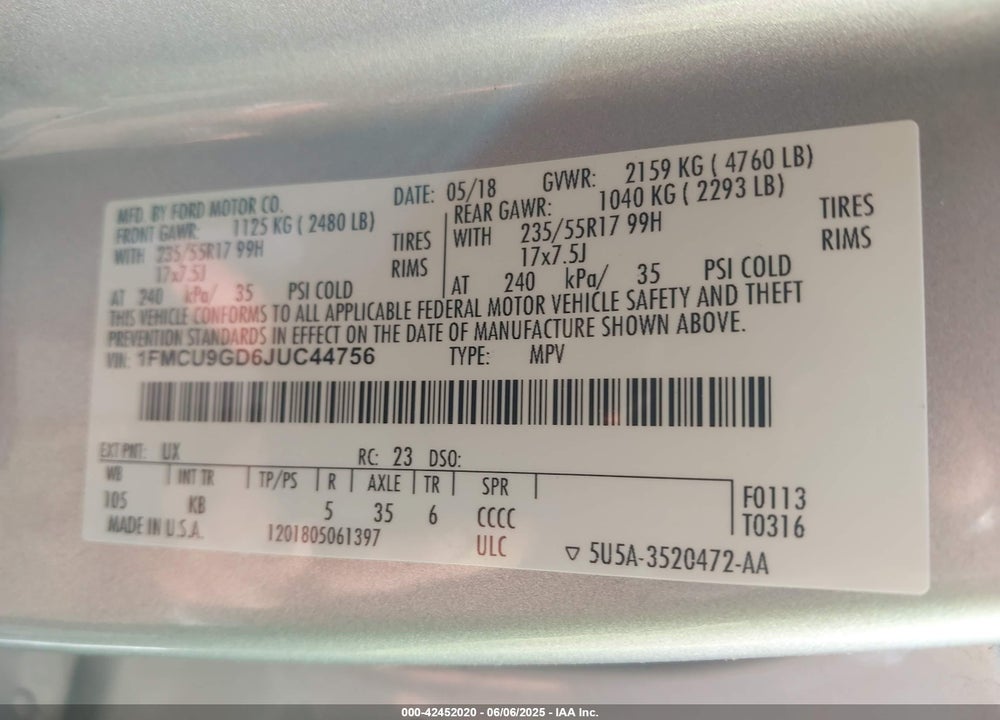 2018 FORD ESCAPE VIN: 1FMCU9GD6JUC44756