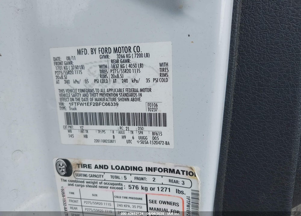 2011 FORD F-150 VIN: 1FTFW1EF2BFC66339