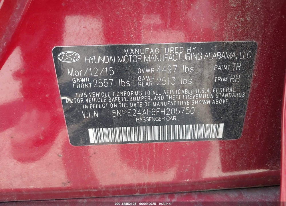 2015 HYUNDAI SONATA SE VIN: 5NPE24AF6FH205750