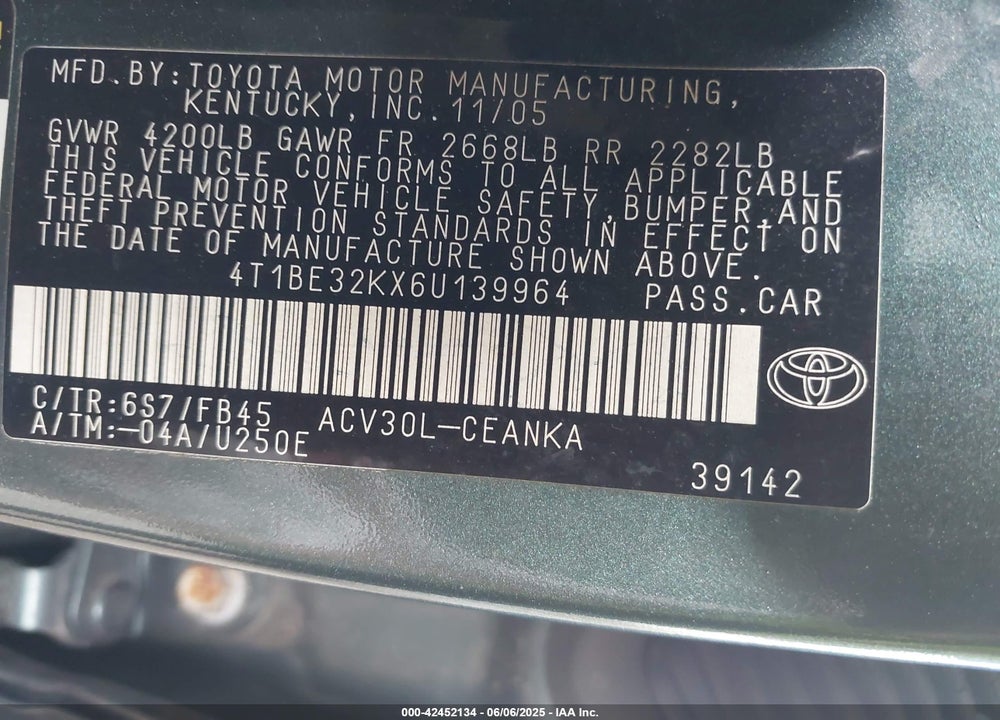 2006 TOYOTA CAMRY LE VIN: 4T1BE32KX6U139964