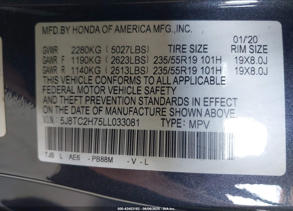 2020 ACURA RDX VIN: 5J8TC2H75LL033081
