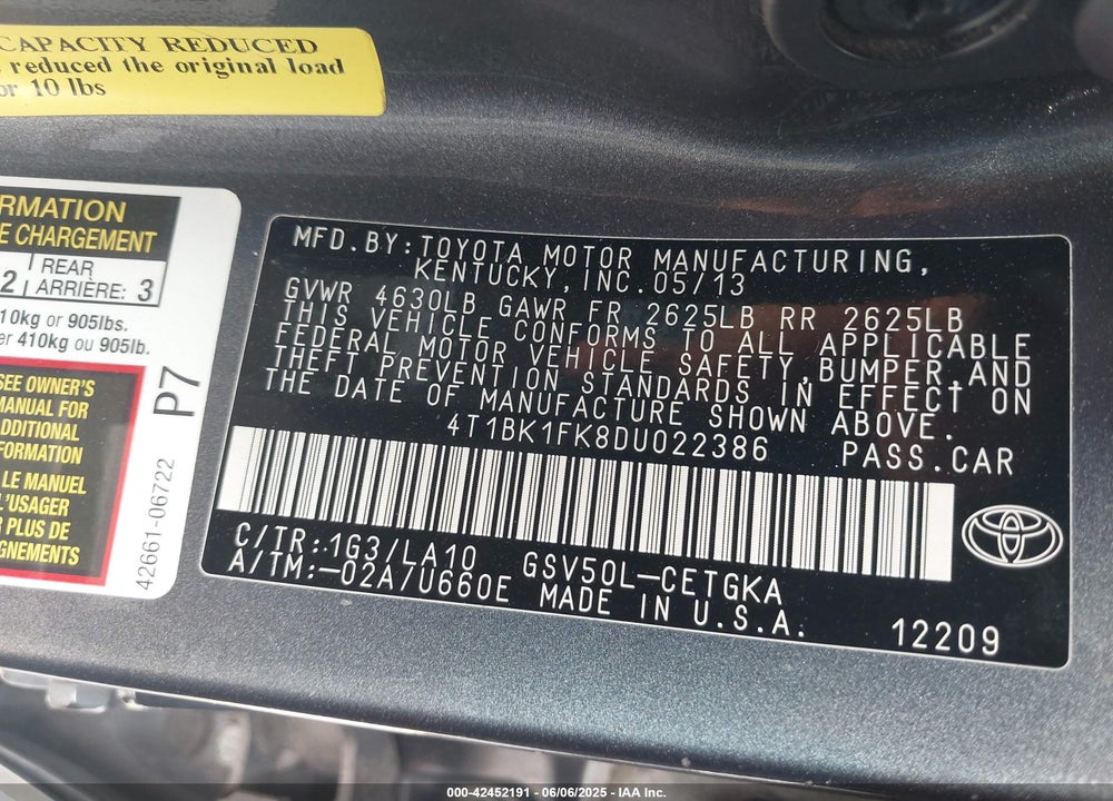 2013 TOYOTA CAMRY VIN: 4T1BK1FK8DU022386