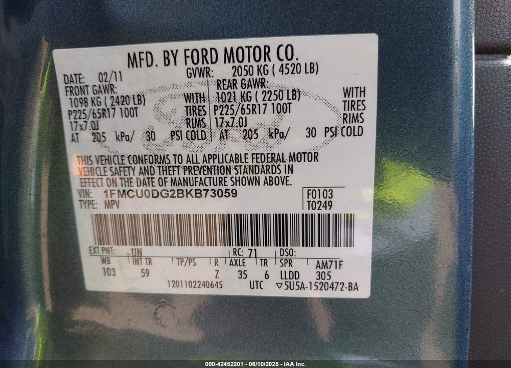 2011 FORD ESCAPE VIN: 1FMCU0DG2BKB73059