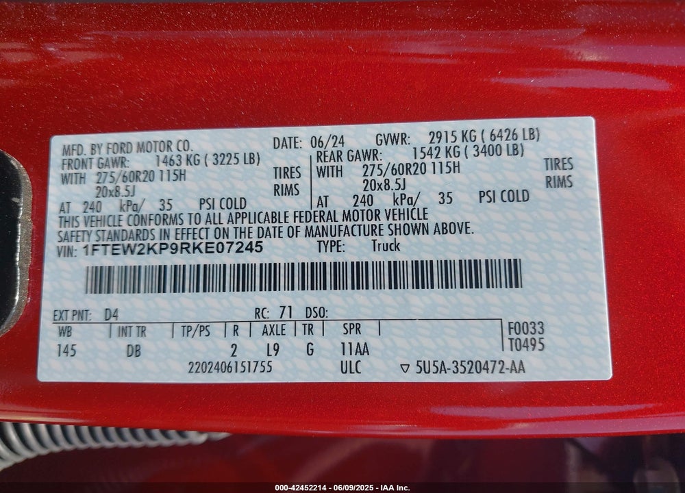 2024 FORD F-150 STX VIN: 1FTEW2KP9RKE07245