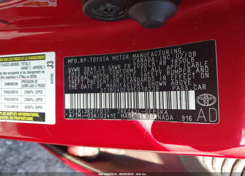 2009 TOYOTA COROLLA VIN: 2T1BU40E99C018239