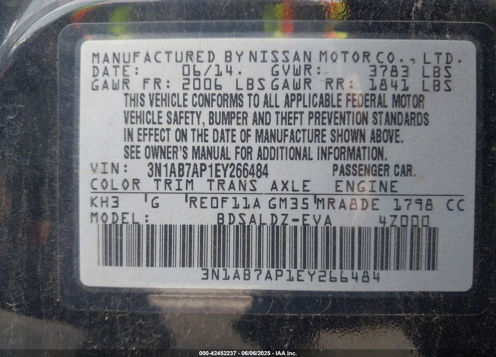 2014 NISSAN SENTRA VIN: 3N1AB7AP1EY266484