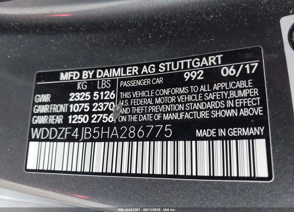 2017 MERCEDES-BENZ E 300 VIN: WDDZF4JB5HA286775