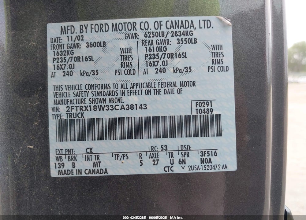 2003 FORD F-150 LARIAT/XL/XLT VIN: 2FTRX18W33CA38143