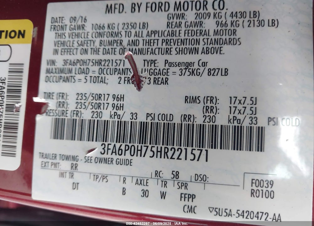 2017 FORD FUSION VIN: 3FA6P0H75HR221571