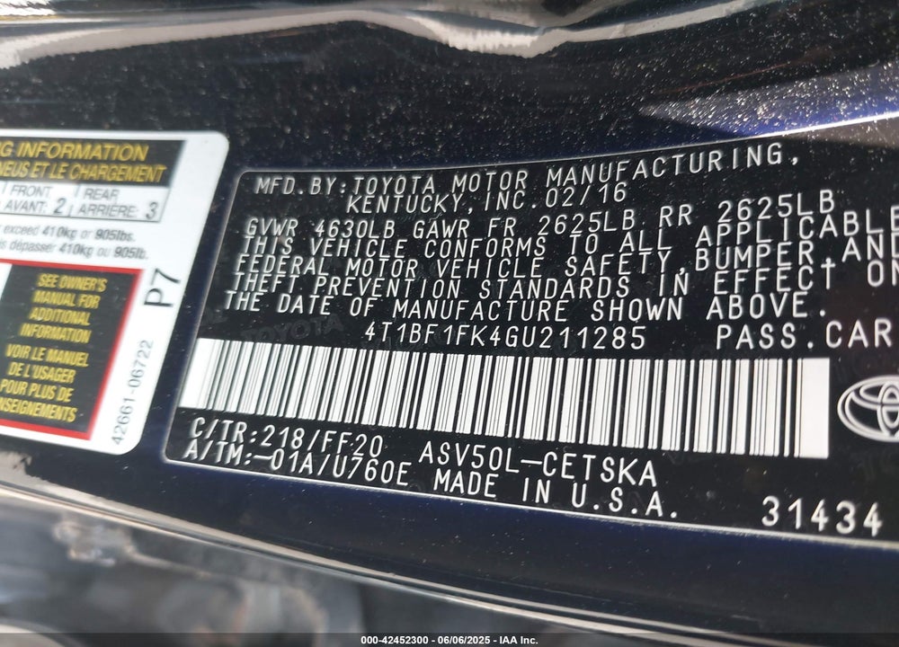 2016 TOYOTA CAMRY VIN: 4T1BF1FK4GU211285