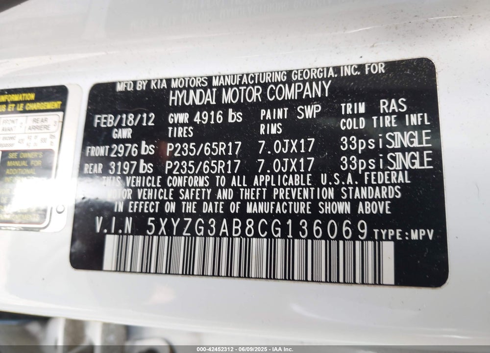 2012 HYUNDAI SANTA FE VIN: 5XYZG3AB8CG136069
