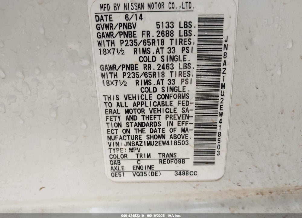 2014 NISSAN MURANO LE/S/SL/SV VIN: JN8AZ1MU2EW418503