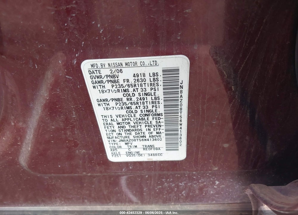 2006 NISSAN MURANO VIN: JN8AZ08T56W413602