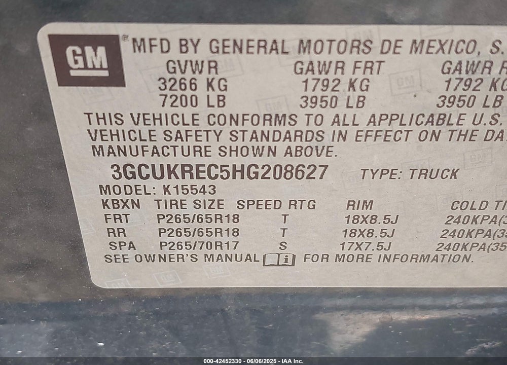 2017 CHEVROLET SILVERADO 1500 VIN: 3GCUKREC5HG208627