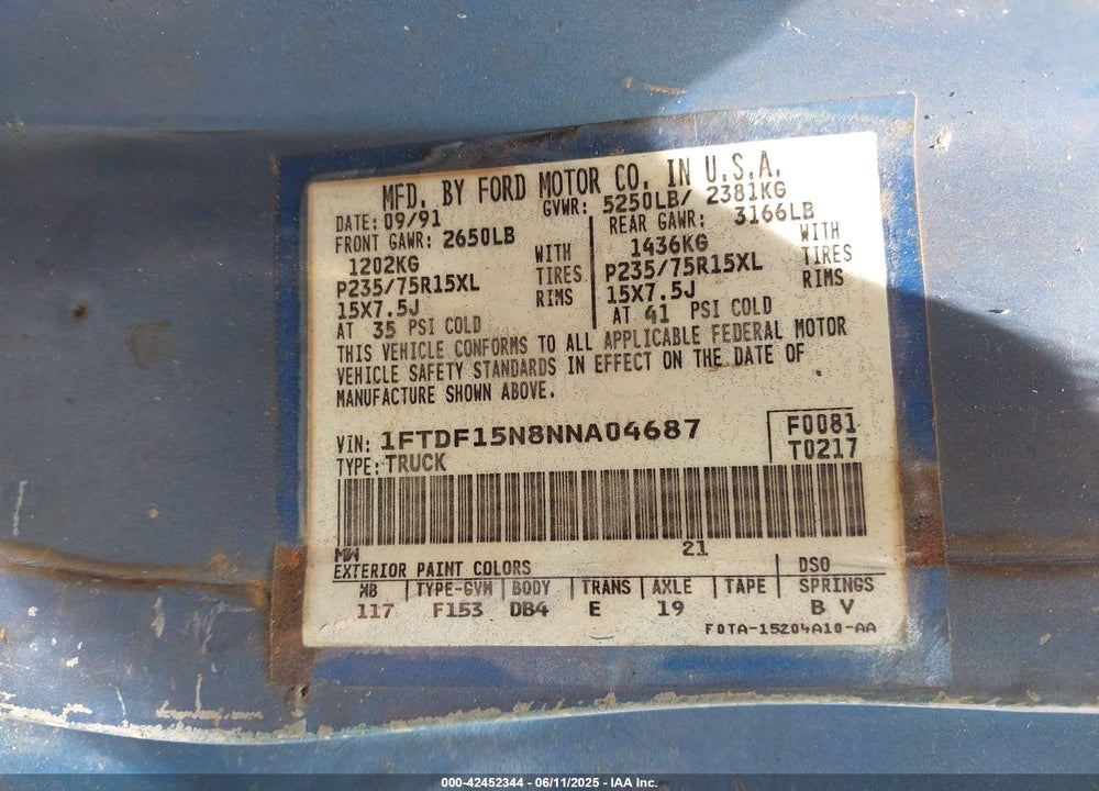 1992 FORD F150 VIN: 1FTDF15N8NNA04687