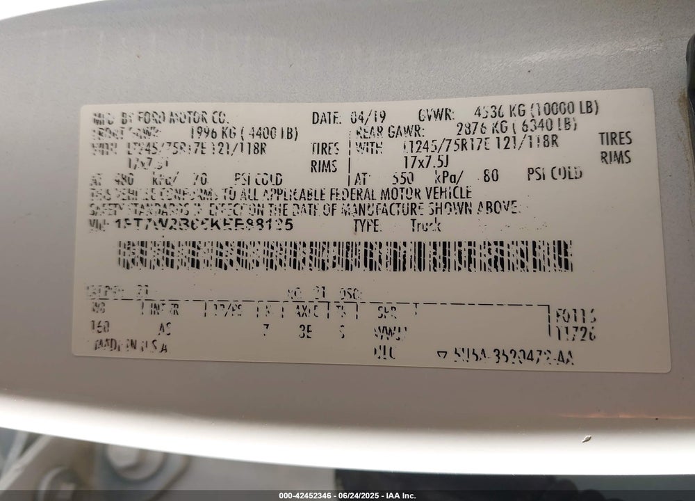 2019 FORD F250 VIN: 1FT7W2B65KEE88135