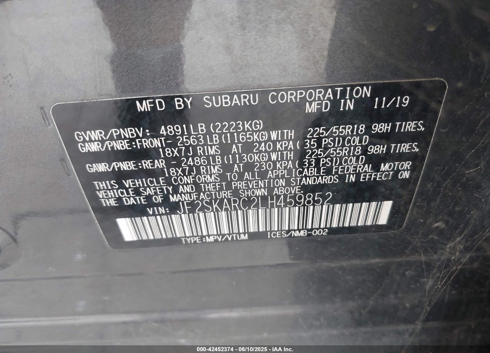 2020 SUBARU FORESTER VIN: JF2SKARC2LH459852