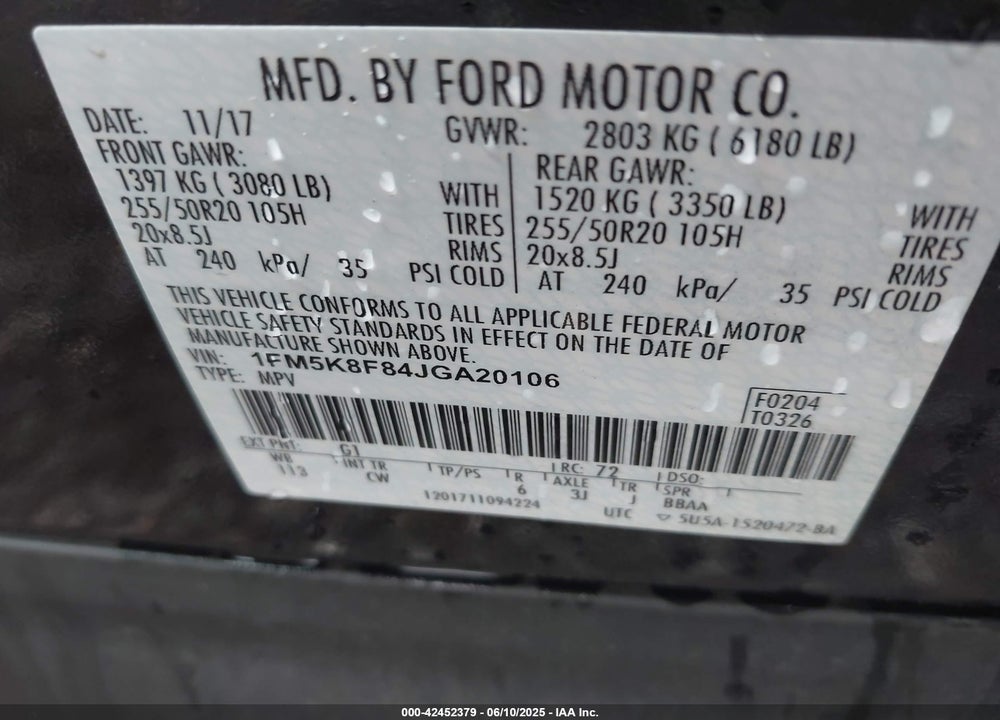 2018 FORD EXPLORER VIN: 1FM5K8F84JGA20106