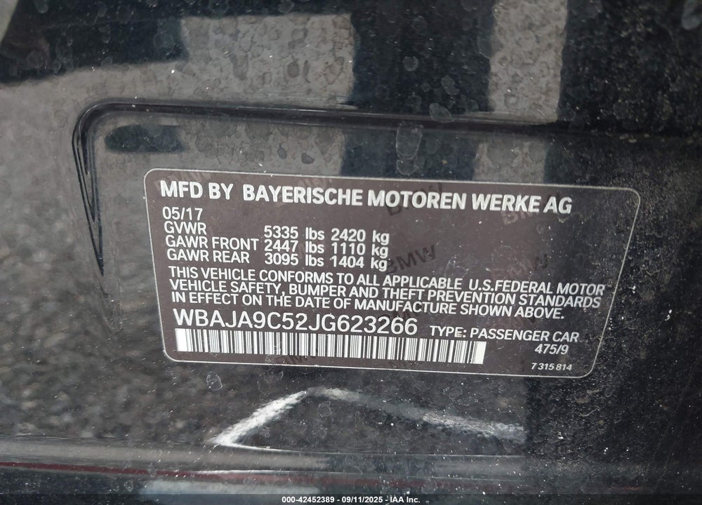 2018 BMW 5 SERIES VIN: WBAJA9C52JG623266