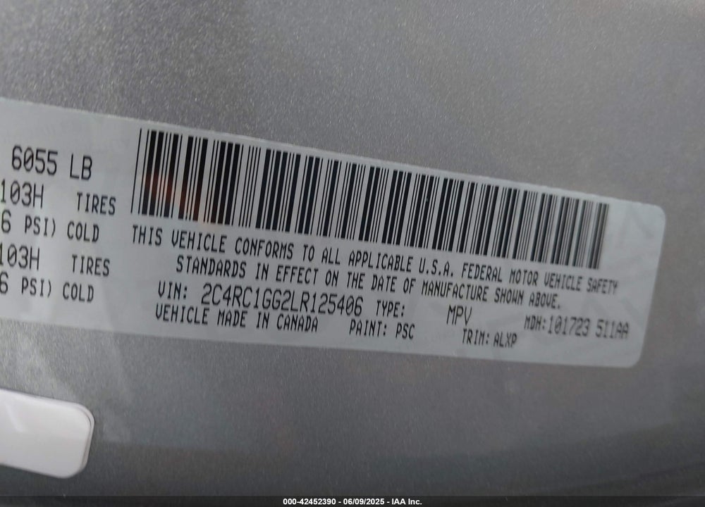 2020 CHRYSLER PACIFICA LIMITED VIN: 2C4RC1GG2LR125406