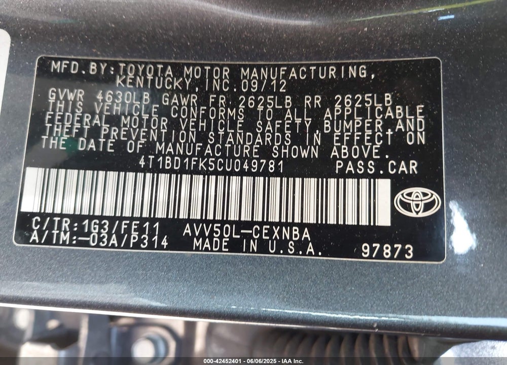 2012 TOYOTA CAMRY HYBRID LE VIN: 4T1BD1FK5CU049781