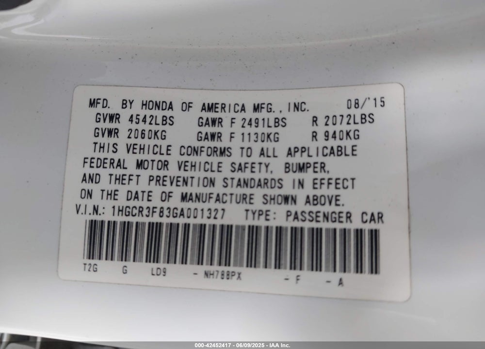2016 HONDA ACCORD VIN: 1HGCR3F83GA001327