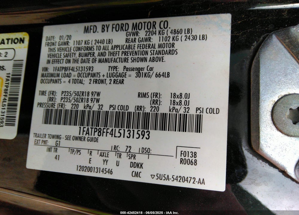 2020 FORD MUSTANG VIN: 1FATP8FF4L5131593