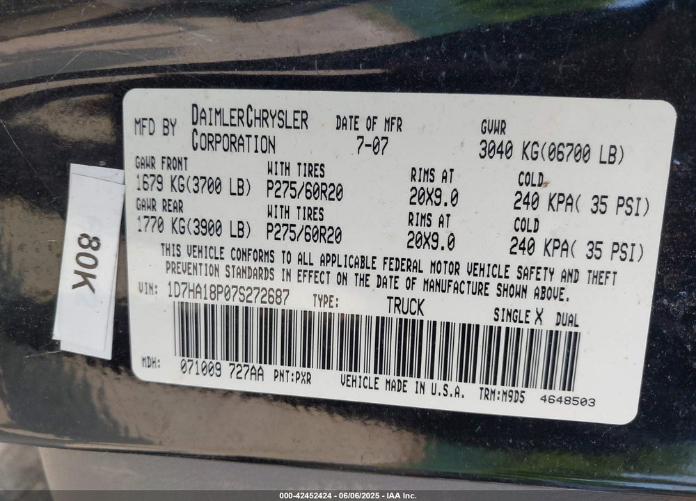 2007 DODGE RAM 1500 VIN: 1D7HA18P07S272687