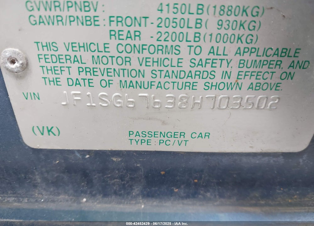 2008 SUBARU FORESTER VIN: JF1SG67638H703502
