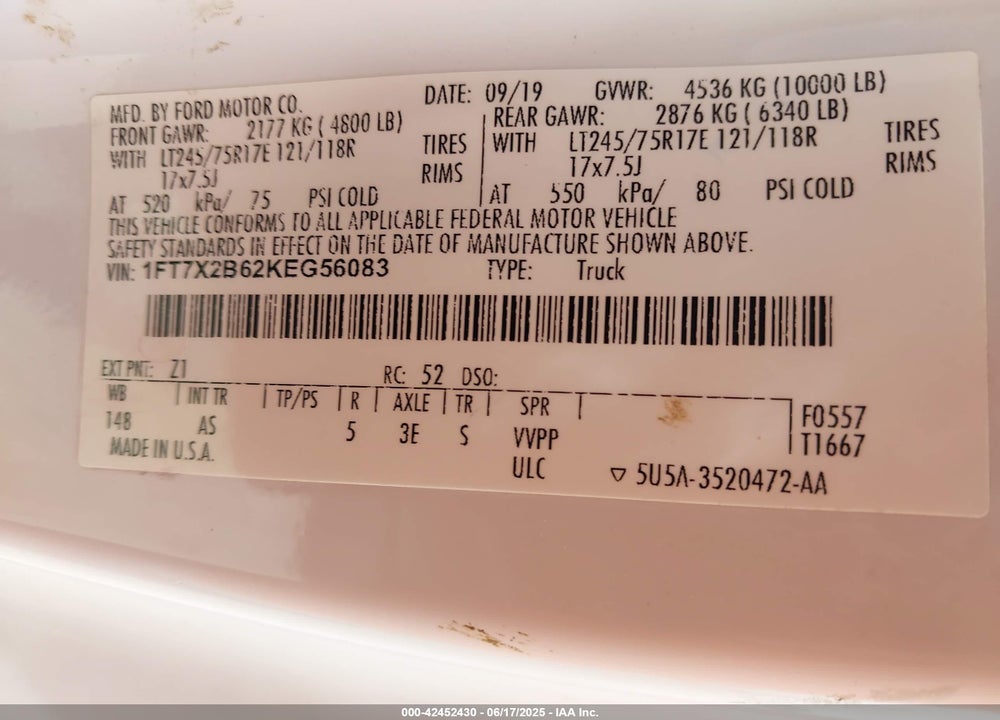 2019 FORD F-250 VIN: 1FT7X2B62KEG56083