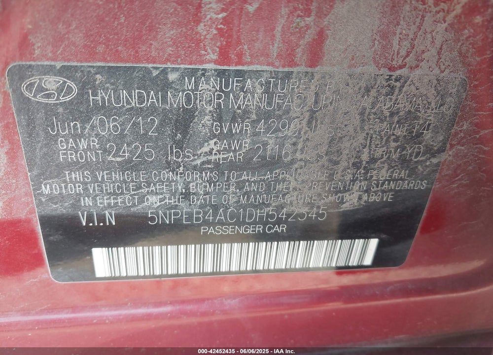 2013 HYUNDAI SONATA VIN: 5NPEB4AC1DH542345