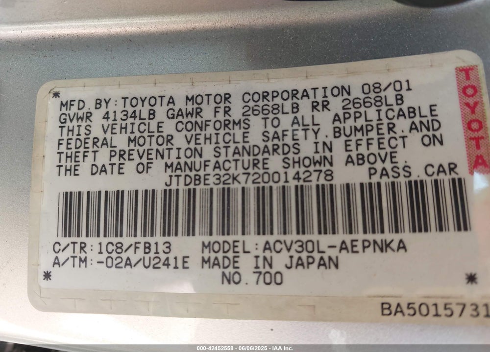 2002 TOYOTA CAMRY VIN: JTDBE32K720014278