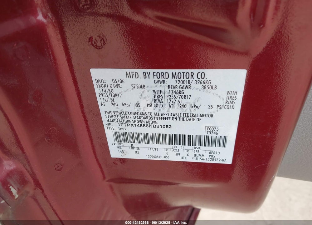 2006 FORD F150 VIN: 1FTPX14586NB61052