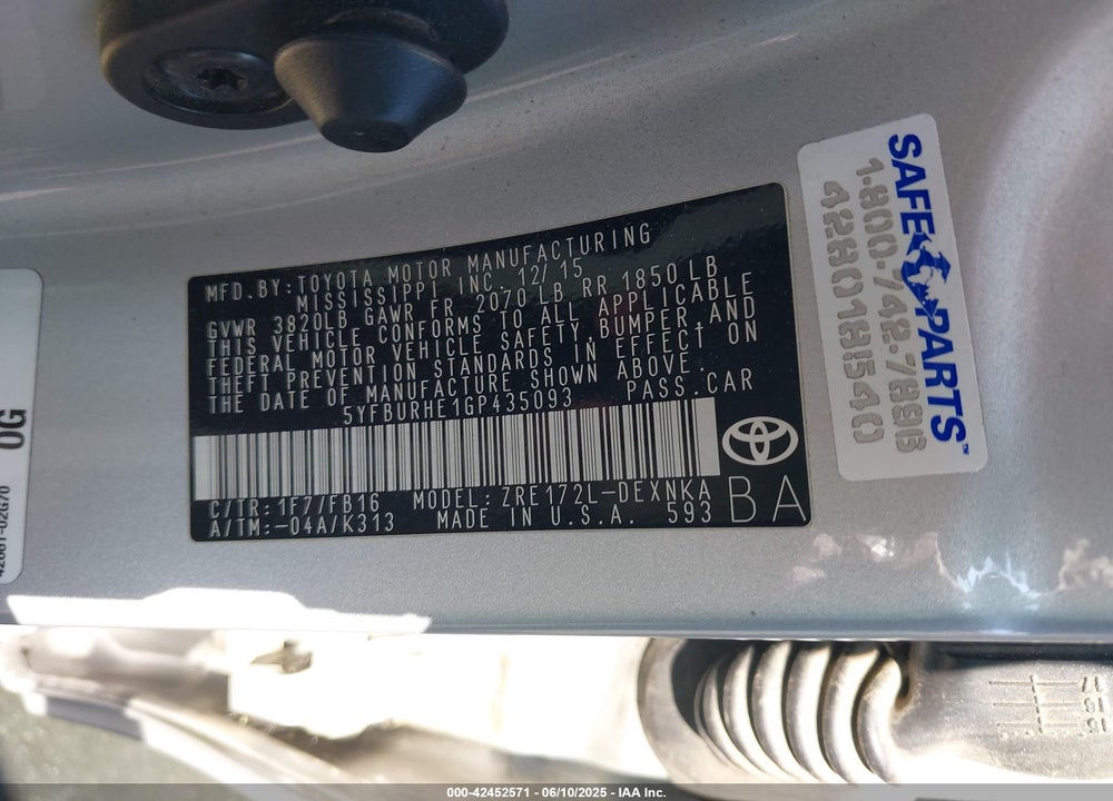 2016 TOYOTA COROLLA VIN: 5YFBURHE1GP435093