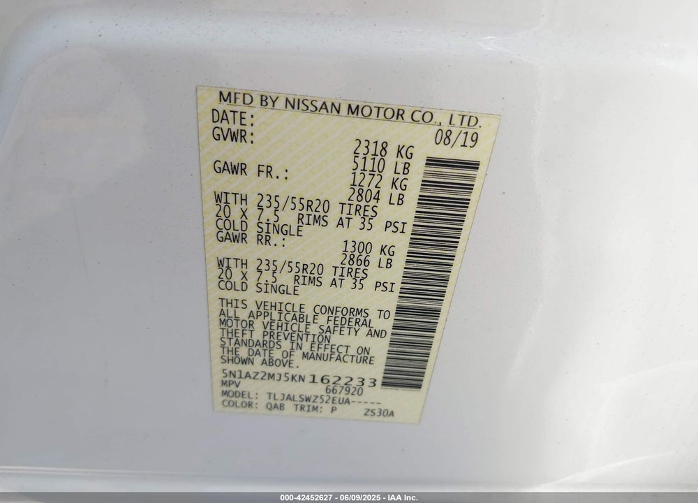 2019 NISSAN MURANO PLATINUM VIN: 5N1AZ2MJ5KN162233
