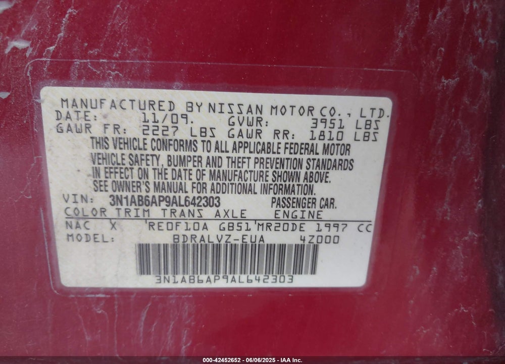 2010 NISSAN SENTRA 2.0SL VIN: 3N1AB6AP9AL642303