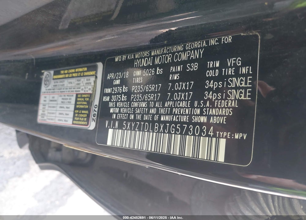 2018 HYUNDAI SANTA FE SPORT VIN: 5XYZTDLBXJG573034
