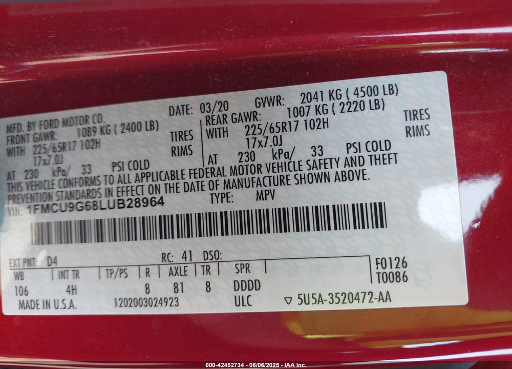 2020 FORD ESCAPE VIN: 1FMCU9G68LUB28964