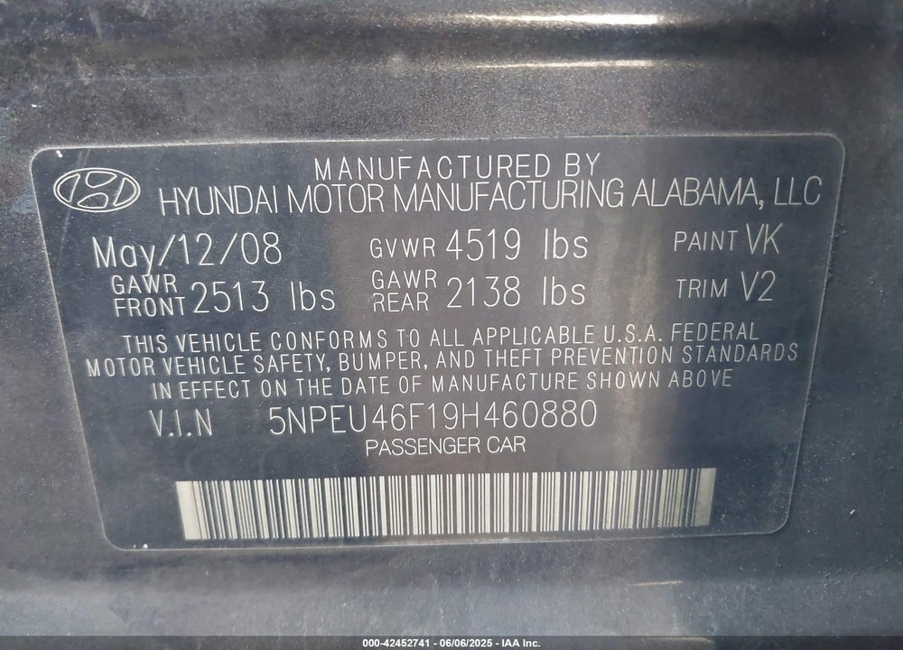 2009 HYUNDAI SONATA VIN: 5NPEU46F19H460880