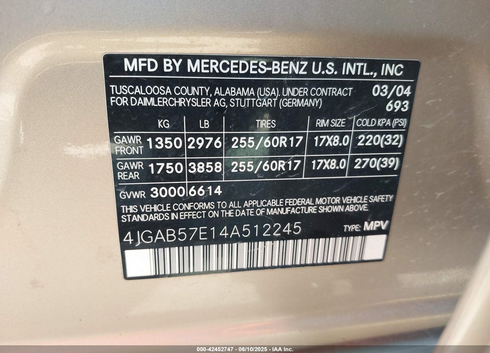 2004 MERCEDES-BENZ ML 350 4MATIC VIN: 4JGAB57E14A512245