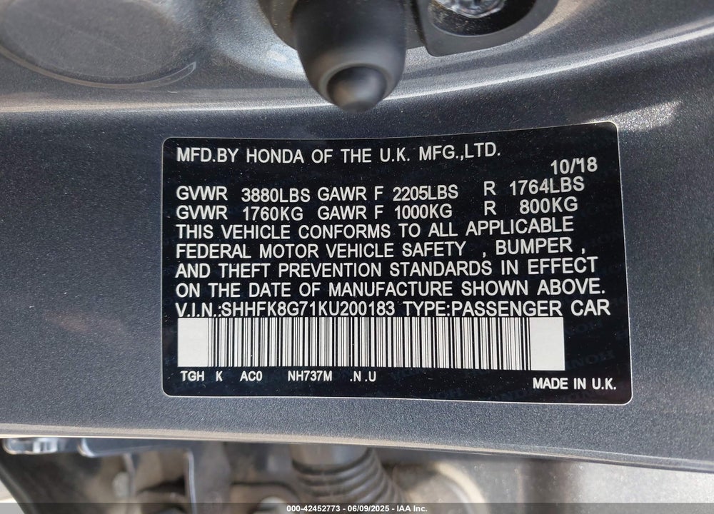 2019 HONDA CIVIC VIN: SHHFK8G71KU200183