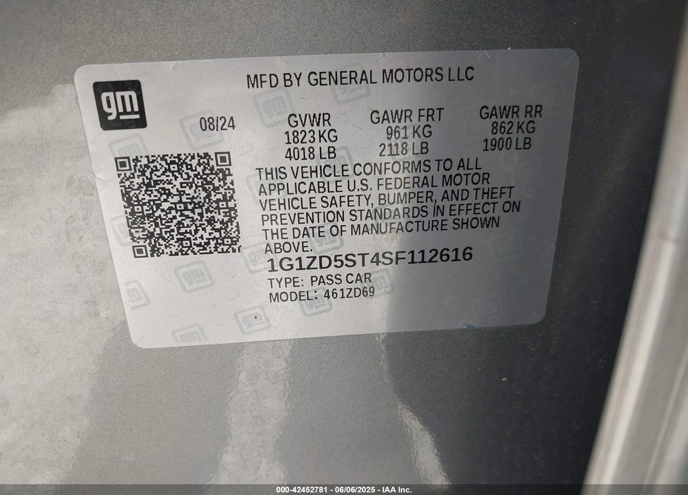 2025 CHEVROLET MALIBU FWD 1LT VIN: 1G1ZD5ST4SF112616