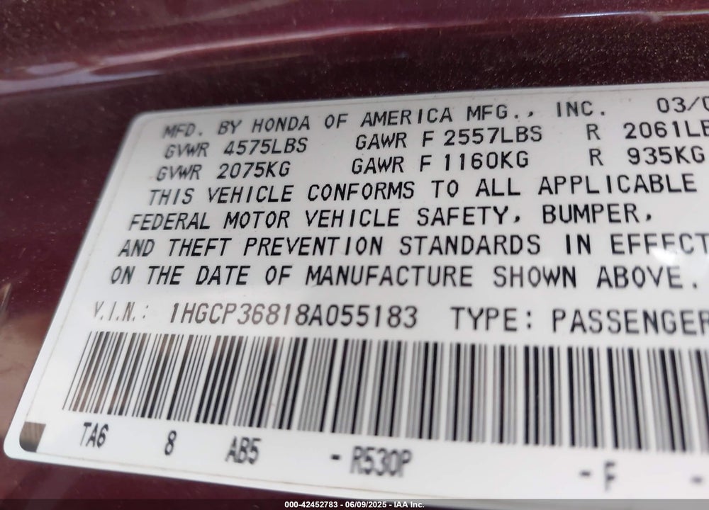 2008 HONDA ACCORD VIN: 1HGCP36818A055183