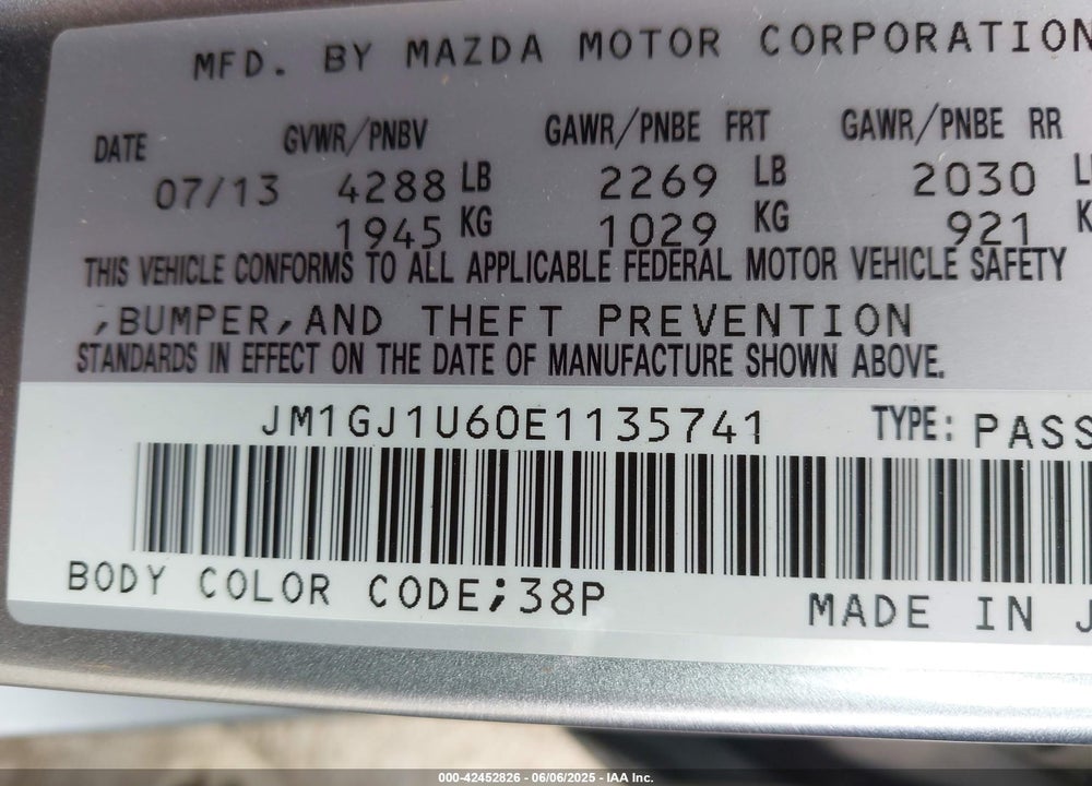 2014 MAZDA 6 VIN: JM1GJ1U60E1135741