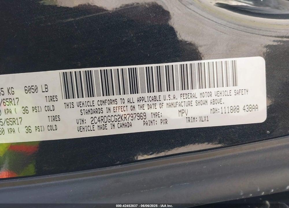 2019 DODGE GRAND CARAVAN SXT VIN: 2C4RDGCG2KR797969